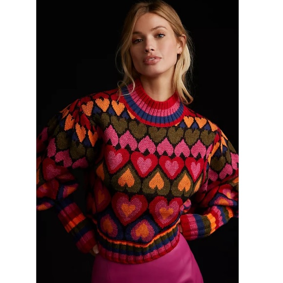 Farm Rio Full of Hearts Mock Neck Sweater Size Large - Picture 1 of 12